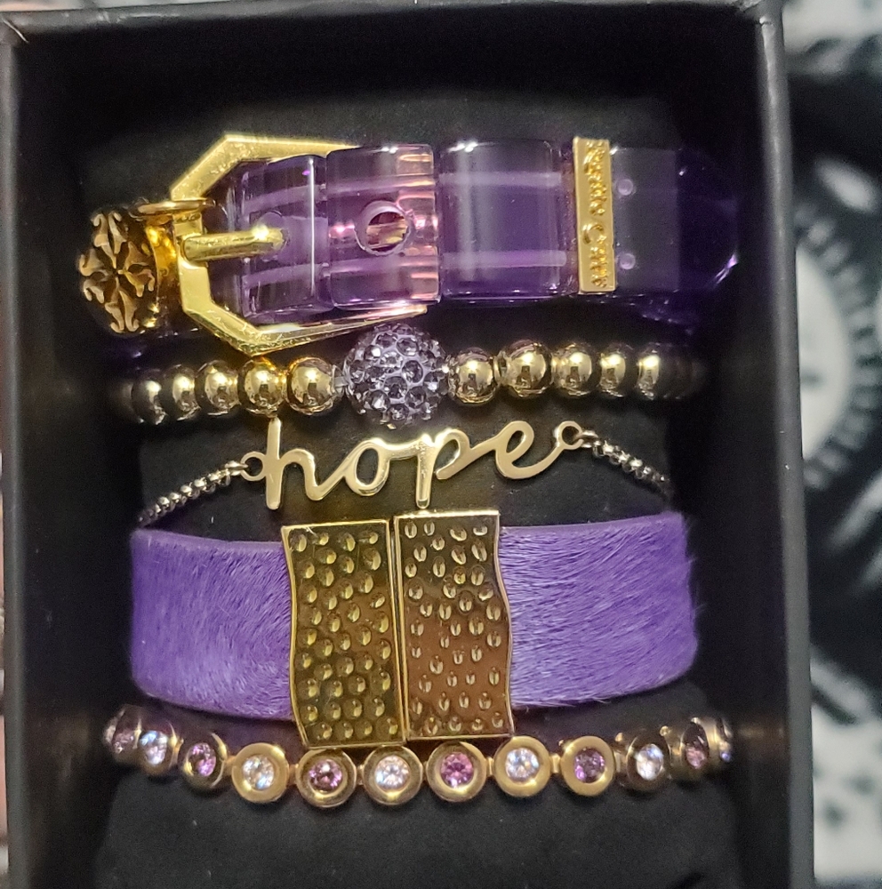 Rustic Cuff Purple and Gold Bracelet Set with Crystal Accents
